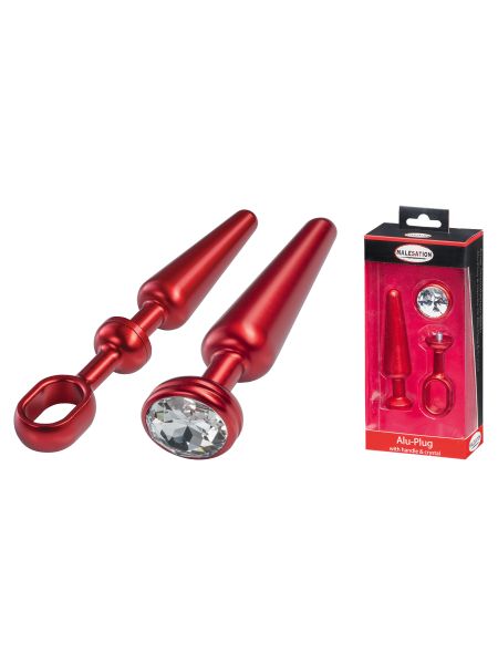 MALESATION Alu-Plug with handle & crystal medium, red